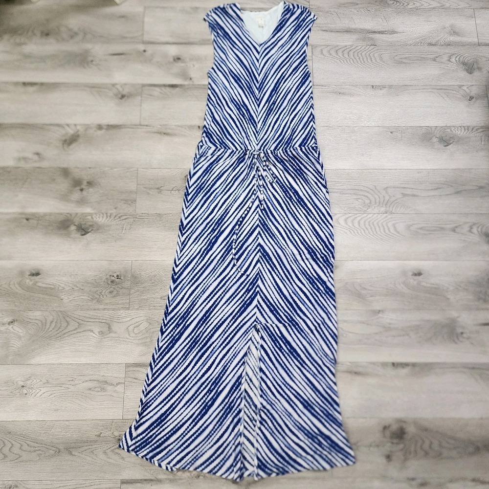 Chico's Short Sleeve Maxi Dress Blue White Elastic Waist lLined Size 2 US L READ